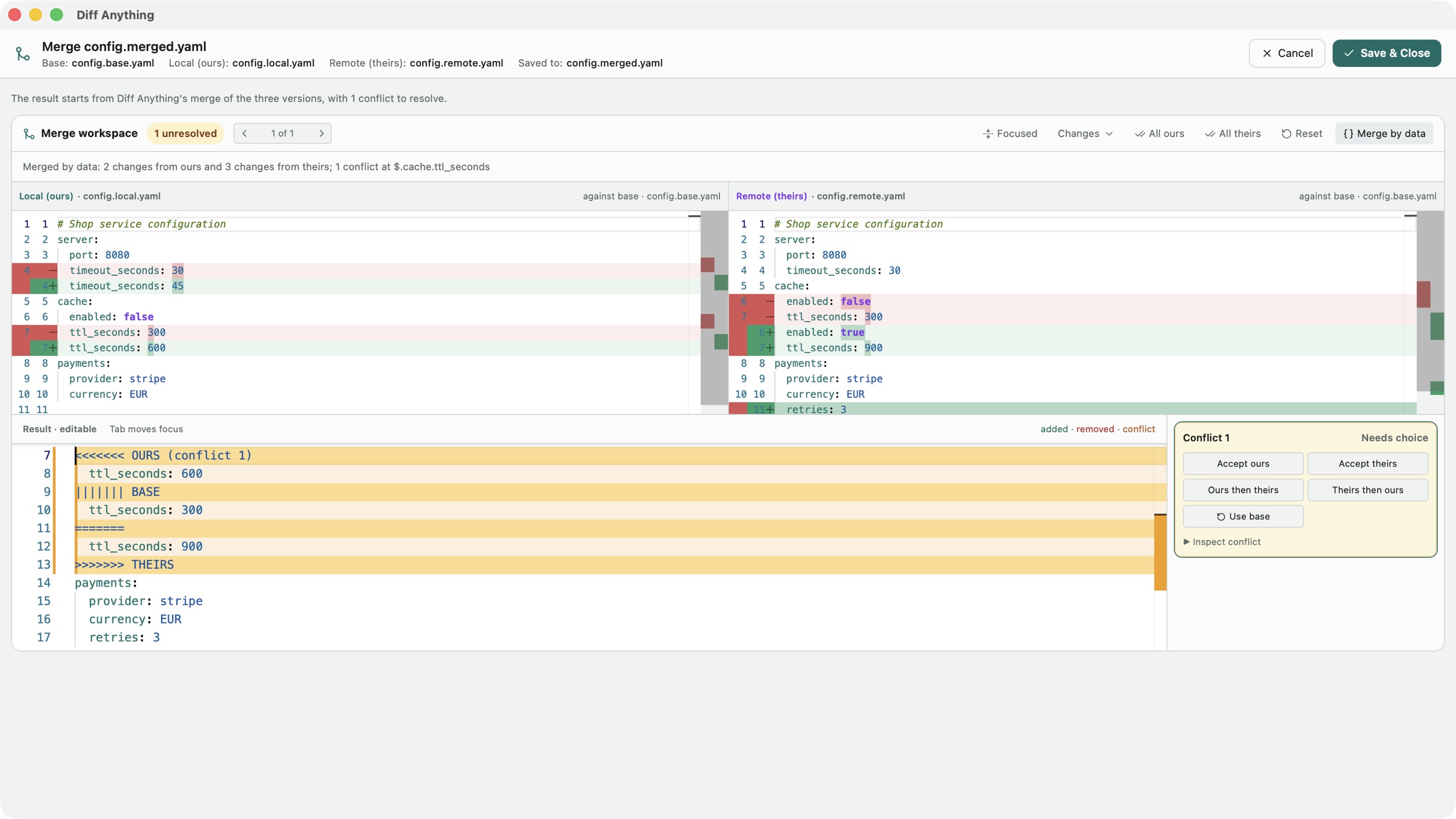 Diff Anything's merge window for a YAML configuration file, with changes from both branches merged by data and one conflict to resolve
