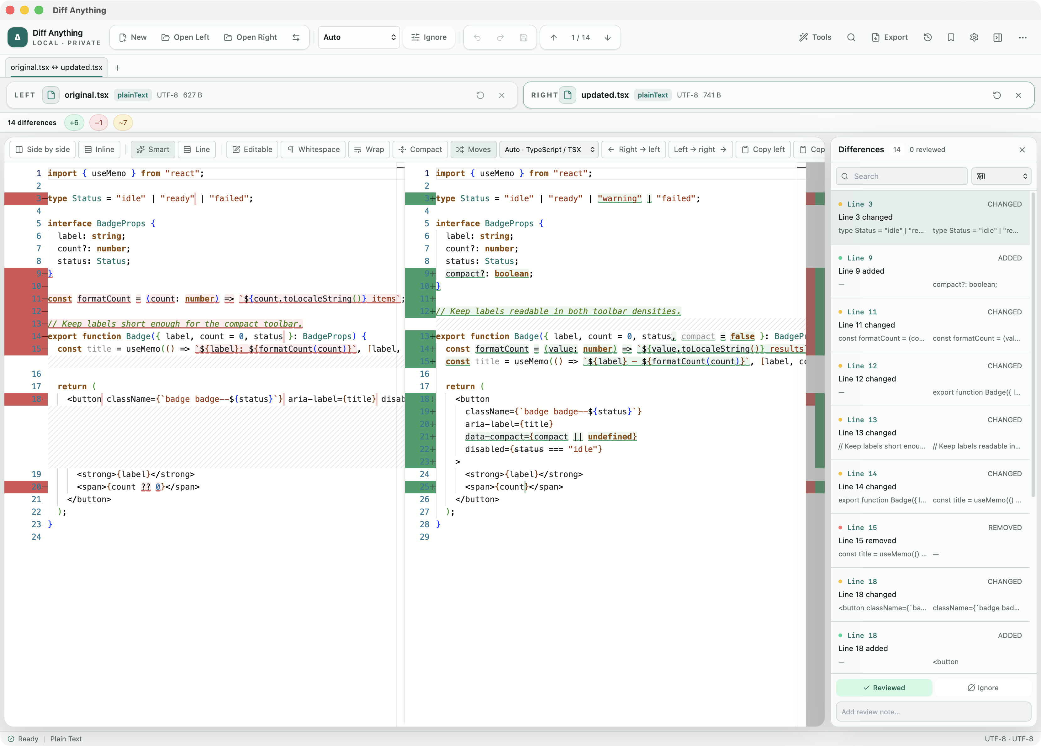 Diff Anything 1.5 Smart Diff comparing two TypeScript files with normal syntax highlighting, exact token changes, and the conventional Line Diff option beside it