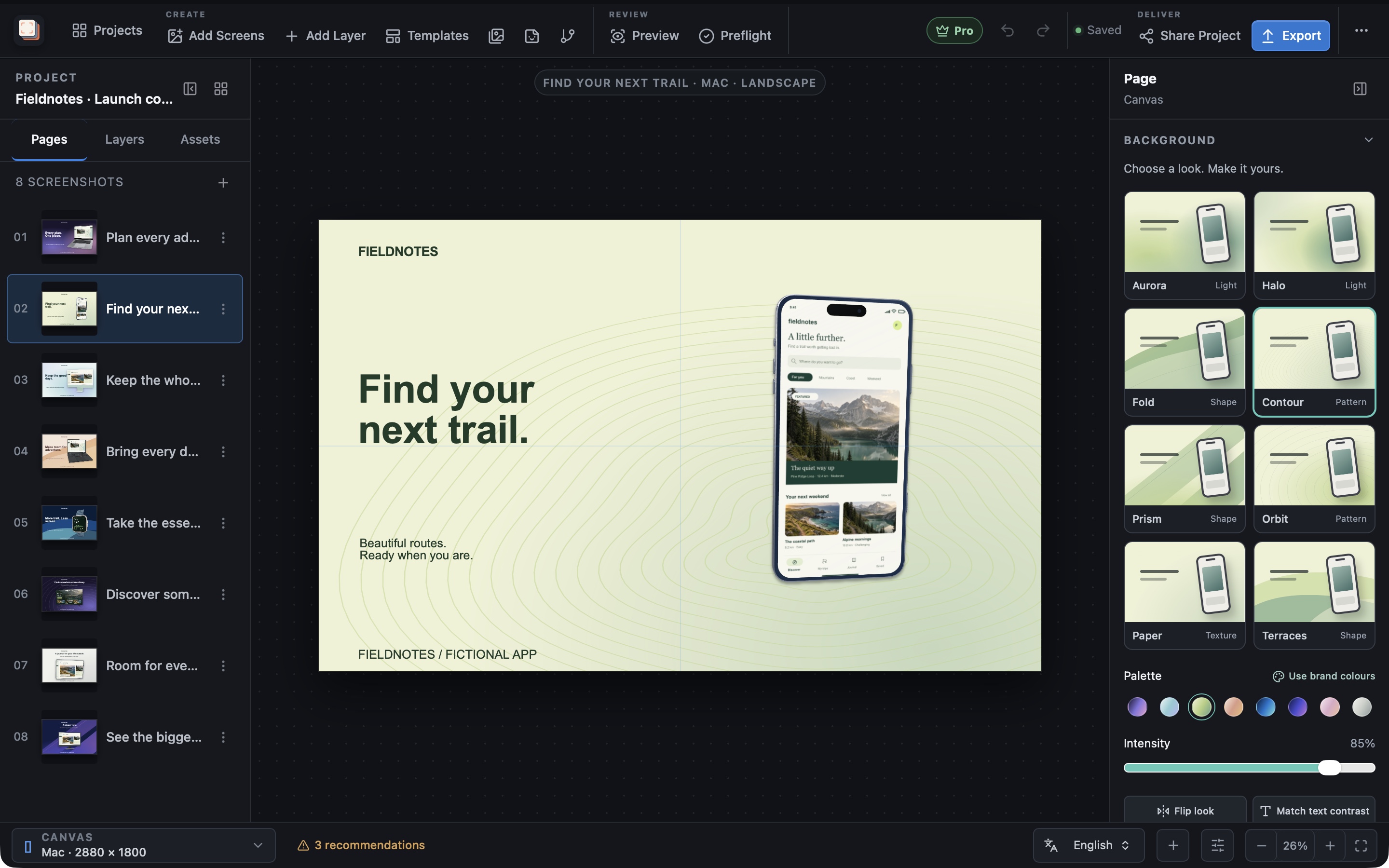 Screen Studio Kit editor showing a fictional Fieldnotes phone composition